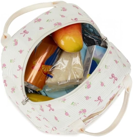 BTOOP Lunch Box for Women Men Cute Corduroy Lunch Bags Large Capacity Insulated Lunch Tote Bag For Work Travel Or Picnic (Pink Bow Floral)