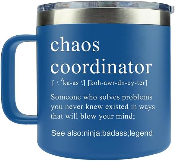Chaos Coordinator Tumbler Cup, Christmas Gifts for Women,Unique Gift Idea for Employee,Boss Lady,Teacher,Office,Gifts for Mom,Coworker,Birthday,Thank You Gift for Women,14 oz Blue Mug