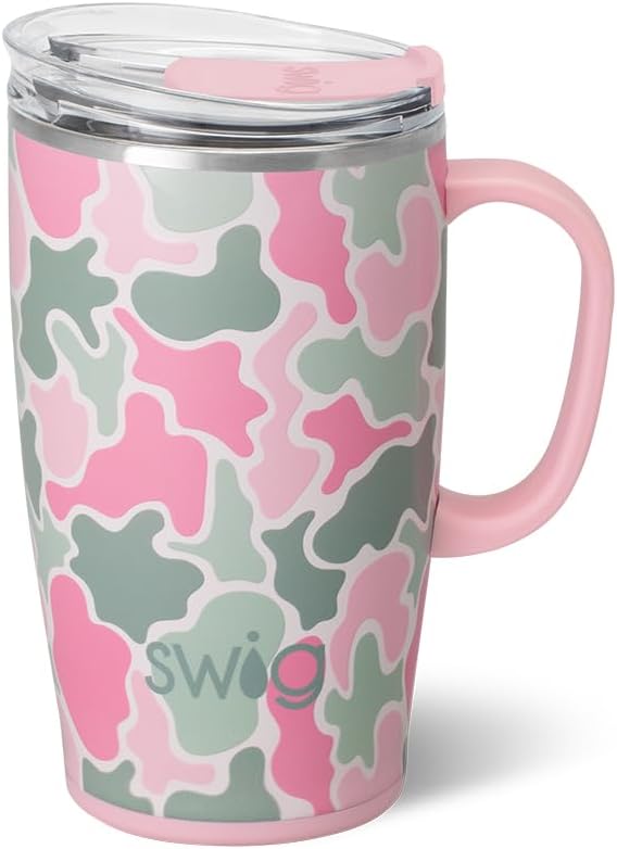 Swig Life 18oz Travel Mug, Insulated Tumbler with Handle and Lid, Travel Coffee Mug, Cup Holder Friendly, Stainless Steel 18 oz Tumbler, Reusable Insulated with Lid (Blushing Camo)