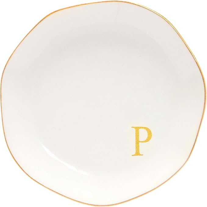 Ceramic Jewelry Tray Initial Ring Dish Personalized P-Monogrammed Engagement Wedding Gifts, for Birthday Mother's Day Christmas for Women, Ceramic White 4.75" (P)