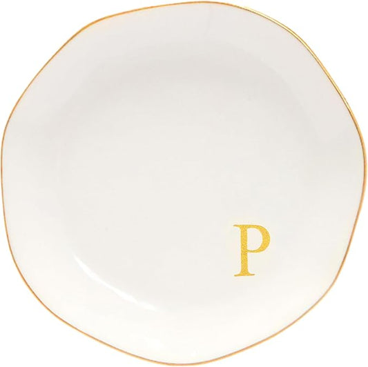 Ceramic Jewelry Tray Initial Ring Dish Personalized P-Monogrammed Engagement Wedding Gifts, for Birthday Mother's Day Christmas for Women, Ceramic White 4.75" (P)