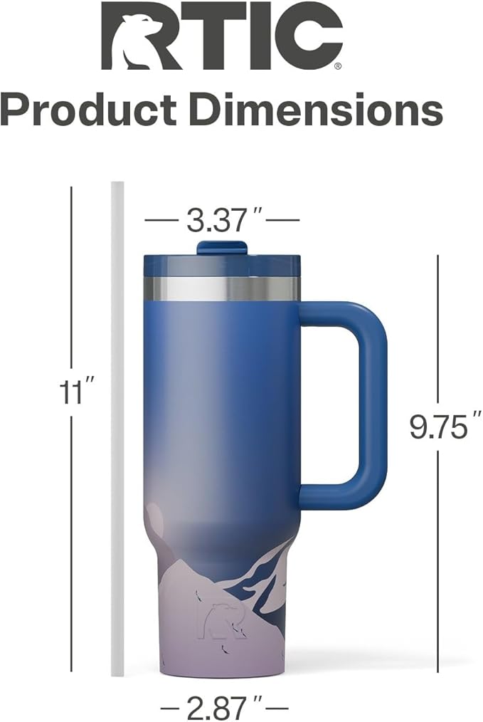 RTIC 30 oz Road Trip Tumbler Double-Walled Ceramic Lined InsulatedStainless Steel Portable Travel Coffee Mug Cup with Lid, Handle and Straw, Snowy Peak
