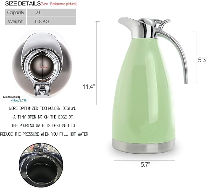 Sumerflos 68 Oz Stainless Steel Coffee Thermal Carafe/Double Walled Vacuum Thermos Insulated / 12 Hour Heat Retention / 2 Liters (Green)