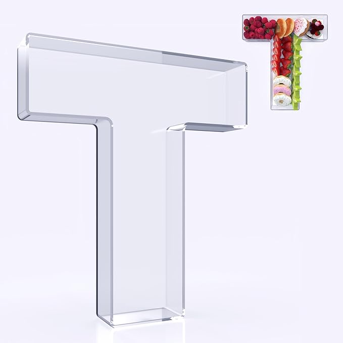 11" Acrylic Letter Charcuterie Box, Reusable Fillable Alphabet Number Shaped Form Tray for Birthday Anniversaries, Party Decorative Serving Plates Display Candy Cake (T)