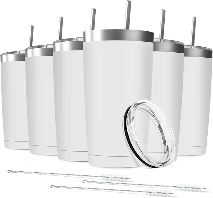 20oz Tumbler Vacuum Insulated Travel Mug with Lids, Stainless Steel Double Wall Bulk Cup for Home, Office, Outdoor Suitable for Vehicle Cup Holders(Set of 6, White)