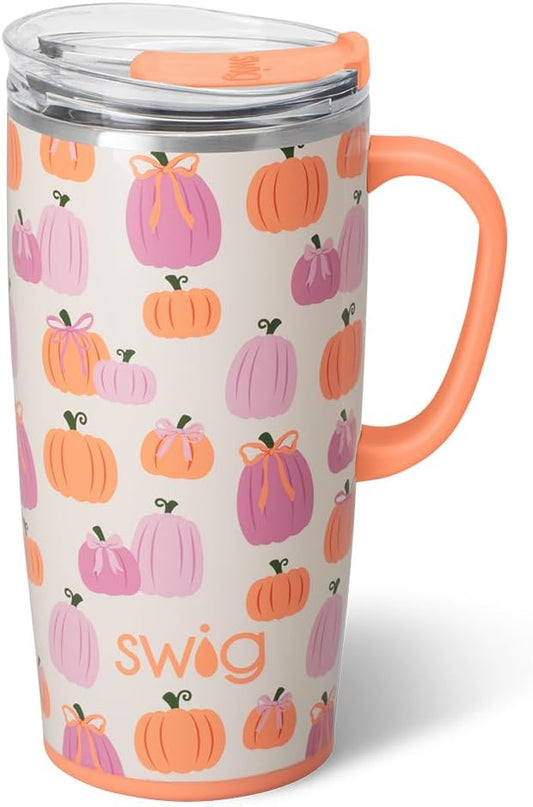Swig Life 22oz Travel Mug, Insulated Tumbler with Handle and Lid, Travel Coffee Mug, Cup Holder Friendly, Stainless Steel 22 oz Tumbler, Reusable Insulated with Lid (Pumpkins and Bows)
