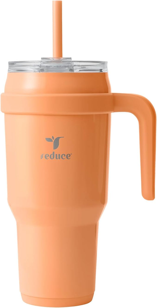REDUCE 40 oz Stainless Steel Tumbler with Handle - Dual-Wall Vacuum Insulated Travel Mug, Sweat-Proof Lid & Reusable Straw - Keeps Drinks Cold for 24 Hrs, Fits Cupholders, Dishwasher Safe - Papaya