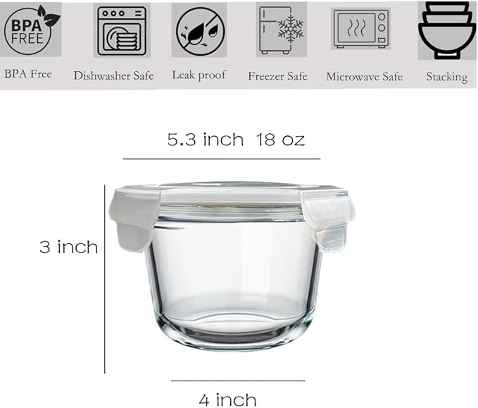 8 Pack Glass Food Storage Containers with lids, Round Glass Soup Container with Airtight Lids, Reusable Leakproof, Round Food Bowls for Soup, leftovers, Dishwasher Microwave Freezer Safe