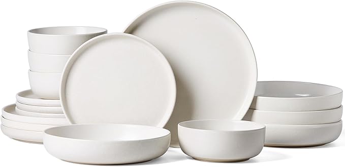 Famiware Milkyway Stoneware Dinnerware Sets with Pasta Bowls, Service for 4 (16 Pieces), Reactive Glaze Plates and Bowls Sets, Microwave and Dishwasher Safe Dishes Set, Matte White