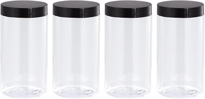 uxcell Round Plastic Jars with Black Screw Top Lid, 17oz/ 500ml Wide-mouth Clear Empty Containers for Storage, Organizing, 4Pcs