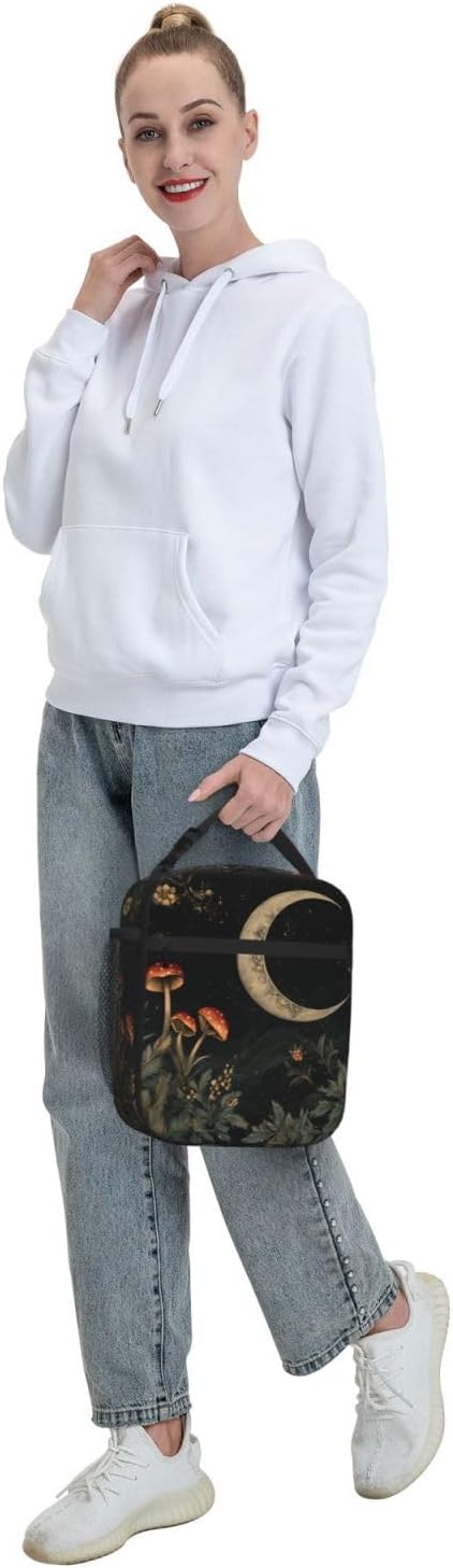 SUPLUCHOM Lunch Bag Botanical Flower Moon Vintage Insulated Bento Box Cooler with Side Pocket for Girl Boy Women Men Work School Picnic Hiking Daytrip