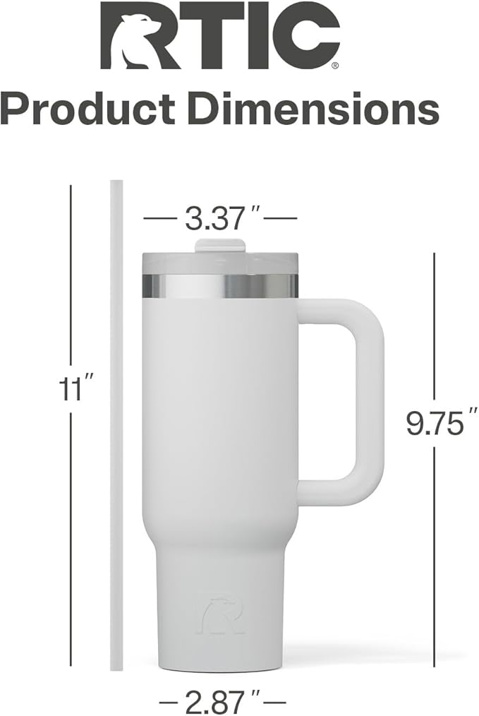 RTIC 30 oz Road Trip Tumbler Double-Walled Ceramic Lined InsulatedStainless Steel Portable Travel Coffee Mug Cup with Lid, Handle and Straw, Cool Grey