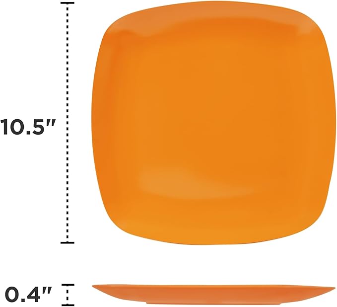 TP 10.5" Melamine Square Dinner Plates, 6-piece Plate Set Unbreakable Serving Dishes for Indoors and Outdoors, Unbreakable Dinner Service for 6, Orange