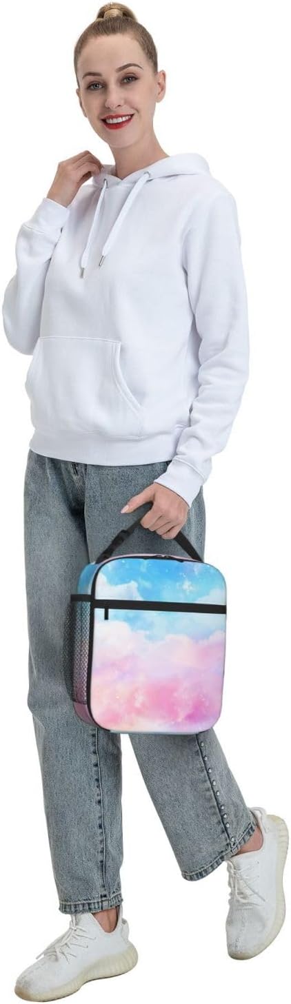 SUPLUCHOM Lunch Bag Pastel Blue Pink Color Insulated Box Reusable with Side Pocket for Girl Boy Women Men Work School Picnic Hiking Daytrip Over 3 Years Old