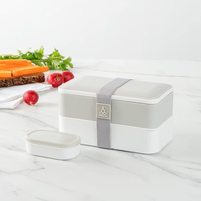 Restaurantware-Bento Tek 40.5 Ounces Stackable Lunch Meal Box, 1 Reusable Adult Lunch Container - With Utensils, Included Sauce Cup, Gray & White Plastic Layered Meal Box, Microwavable, Dishwashable
