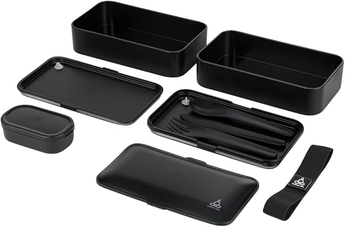 Restaurantware Bento Tek 40.5 Ounces Stackable Lunch Box 1 Reusable Adult Lunch Container - With Utensils Included Sauce Cup Black Plastic Layered Lunch Box Microwavable Dishwashable