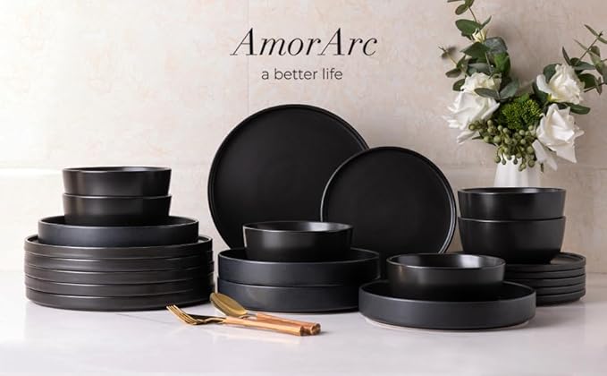 AmorArc Stoneware Dinnerware Sets with Pasta Bowl Set, Reactive Ceramic Plates and Bowls Set, Highly Chip and Crack Resistant | Dishwasher & Microwave Safe | Round Dishes Set Service for 4 (16pc)