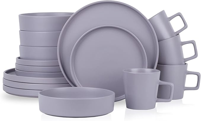 Stone Lain Cleo Modern Stoneware 16-Piece Dinnerware Set, Plates and Bowls Set, Dish Set Service For 4, Light Gray