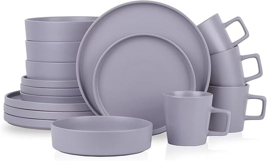 Stone Lain Cleo Modern Stoneware 16-Piece Dinnerware Set, Plates and Bowls Set, Dish Set Service For 4, Light Gray