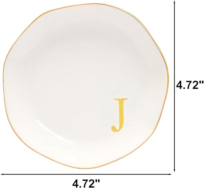 Ceramic Jewelry Tray Initial Ring Dish Personalized J-Monogrammed Engagement Wedding Gifts, for Birthday Mother's Day Christmas for Women, Ceramic White 4.75" (J)