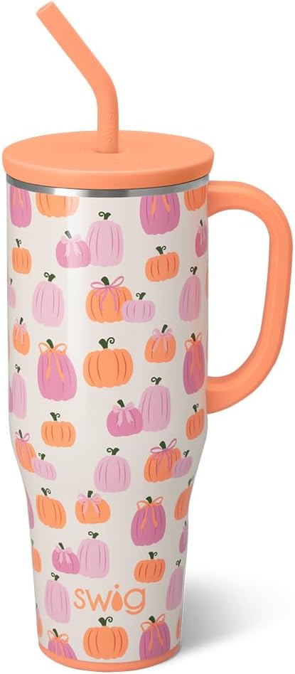 Swig Life 40oz Mega Mug, 40oz Tumbler with Handle and Straw, Extra Large Insulated Tumblers, Cup Holder Friendly Travel Mug (Pumpkins and Bows)