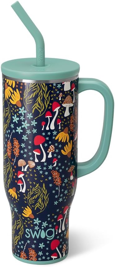 Swig Life 30oz Mega Mug, 30oz Tumbler with Handle and Straw, Large Insulated Tumblers, Cup Holder Friendly Travel Mug, Stainless Steel 30 oz Tumbler, Reusable Insulated Water Bottle (Mushroom Meadow)