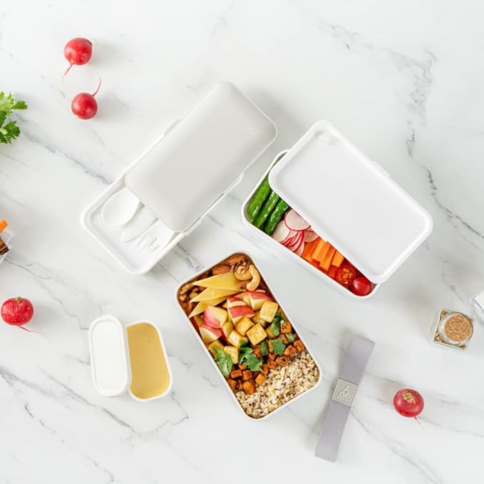 Restaurantware-Bento Tek 40.5 Ounces Stackable Lunch Meal Box, 1 Reusable Adult Lunch Container - With Utensils, Included Sauce Cup, Gray & White Plastic Layered Meal Box, Microwavable, Dishwashable