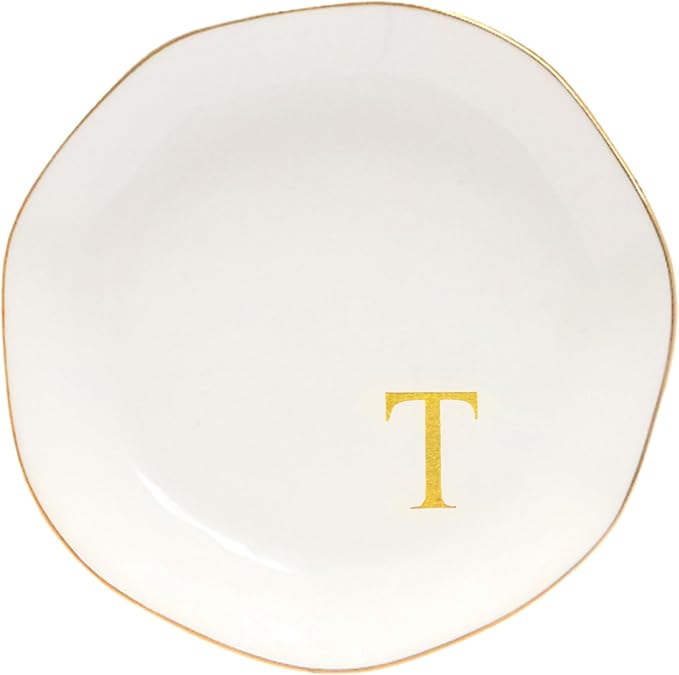 Ceramic Jewelry Tray Initial Ring Dish Personalized T-Monogrammed Engagement Wedding Gifts, for Birthday Mother's Day Christmas for Women, Ceramic White 4.75" (T)