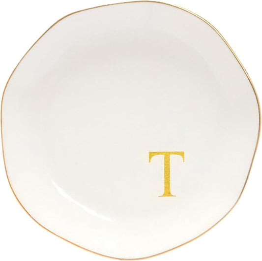 Ceramic Jewelry Tray Initial Ring Dish Personalized T-Monogrammed Engagement Wedding Gifts, for Birthday Mother's Day Christmas for Women, Ceramic White 4.75" (T)
