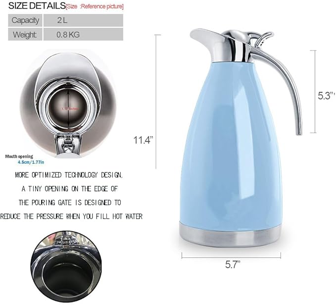 Sumerflos 68 Oz Stainless Steel Coffee Thermal Carafe/Double Walled Vacuum Thermos Insulated / 12 Hour Heat Retention / 2 Liters (Blue)