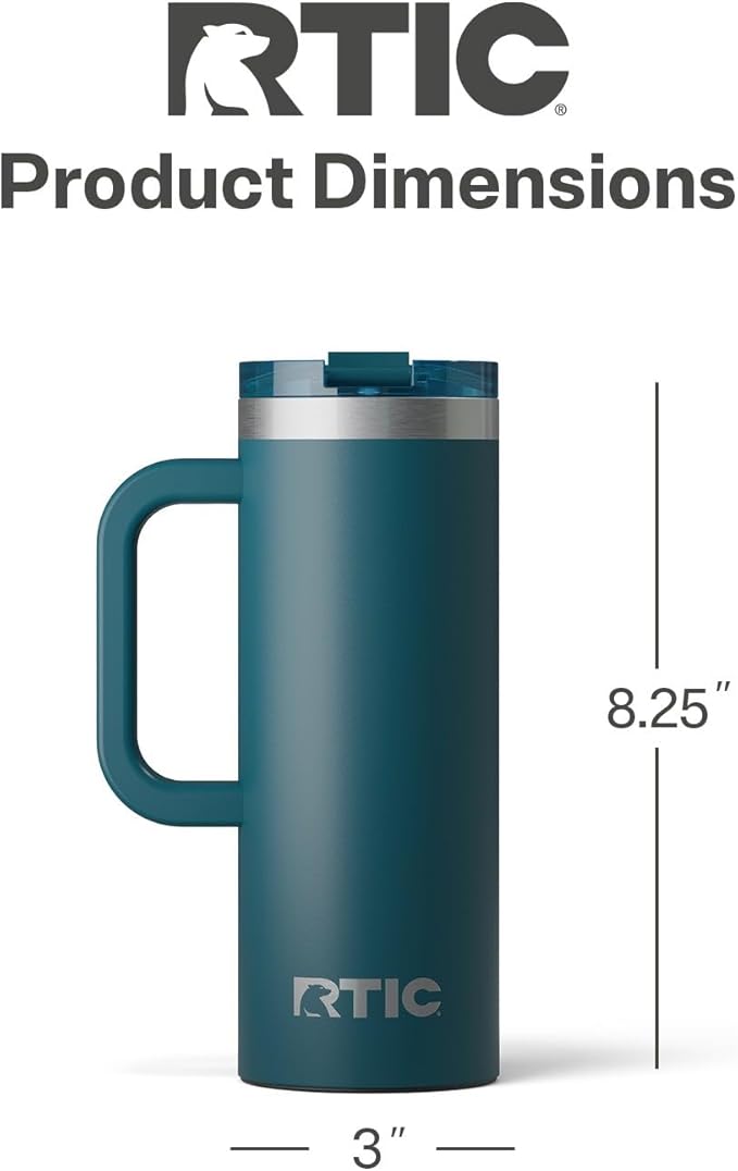 RTIC 20oz Road Trip Travel Mug with Lid and Handle, Ceramic Lined, Insulated, Stainless Steel, Metal, Double Wall Vacuum-Insulation, Portable Coffee, Tea Cup for Hot and Cold Drink, Marine