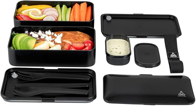 Restaurantware Bento Tek 40.5 Ounces Stackable Lunch Box 1 Reusable Adult Lunch Container - With Utensils Included Sauce Cup Black Plastic Layered Lunch Box Microwavable Dishwashable