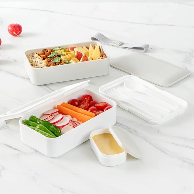 Restaurantware-Bento Tek 40.5 Ounces Stackable Lunch Meal Box, 1 Reusable Adult Lunch Container - With Utensils, Included Sauce Cup, Gray & White Plastic Layered Meal Box, Microwavable, Dishwashable