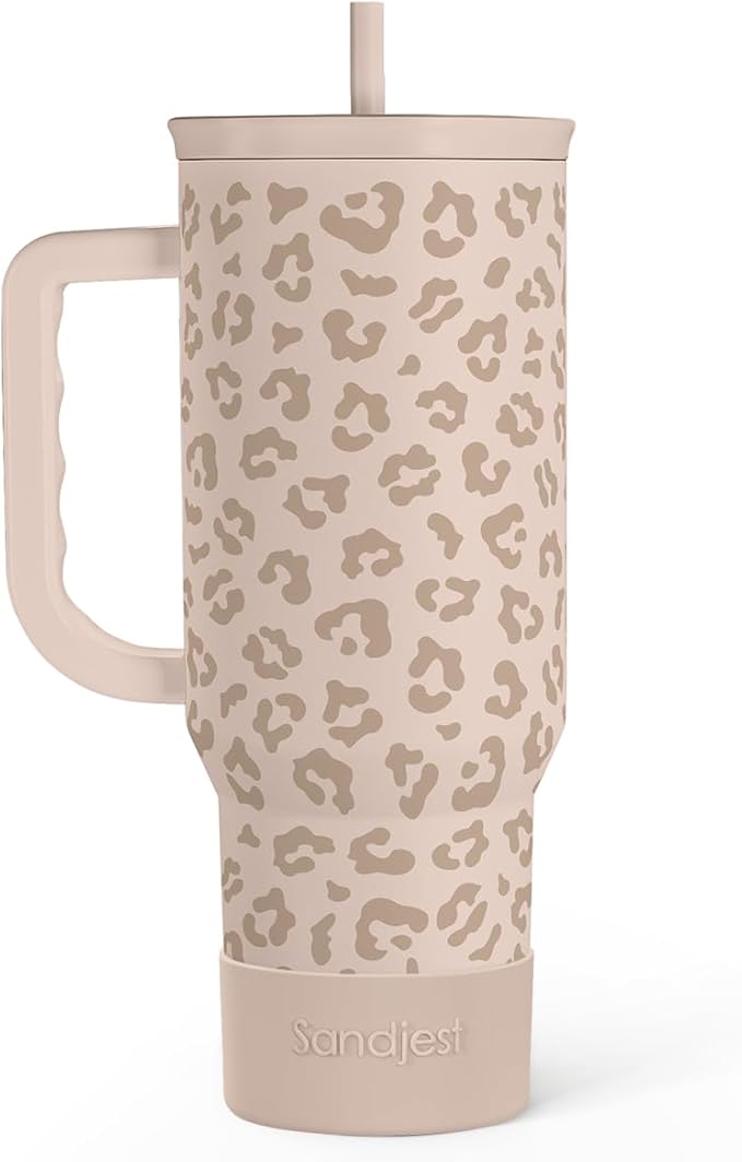 Leopard Tumbler with Handle, Insulated Cup Stainless Steel Travel Mug Cup, Gifts for Women Girl on Birthday Christmas, Tan Leopard, 40oz