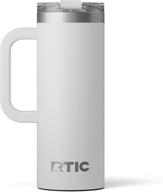 RTIC 20oz Road Trip Travel Mug with Lid and Handle, Ceramic Lined, Insulated, Stainless Steel, Metal, Double Wall Vacuum-Insulation, Portable Coffee, Tea Cup for Hot and Cold Drink, Cool Grey