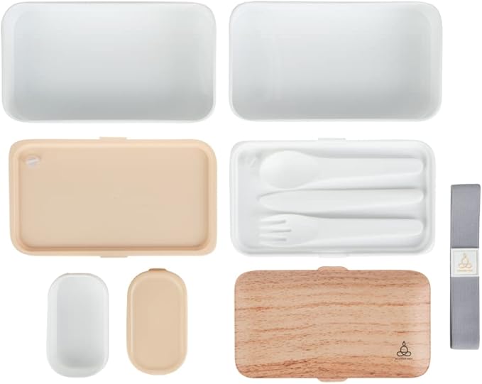 Restaurantware Bento Tek 40.5 Ounces Stackable Lunch Box 1 Reusable Adult Lunch Container - With Utensils Included Sauce Cup Wood Grain & White Plastic Layered Lunch Box Microwavable Dishwashable