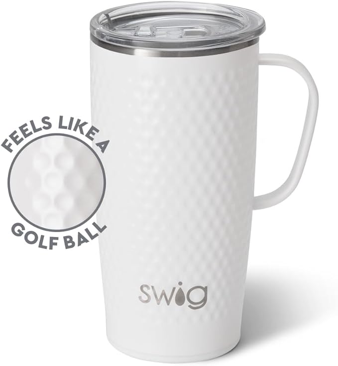 Swig Life 22oz Travel Mug, Insulated Tumbler with Handle and Lid, Cup Holder Friendly, Dishwasher Safe, Stainless Steel, Travel Coffee Cup, Insulated Mug with Lid (Golf Ball)