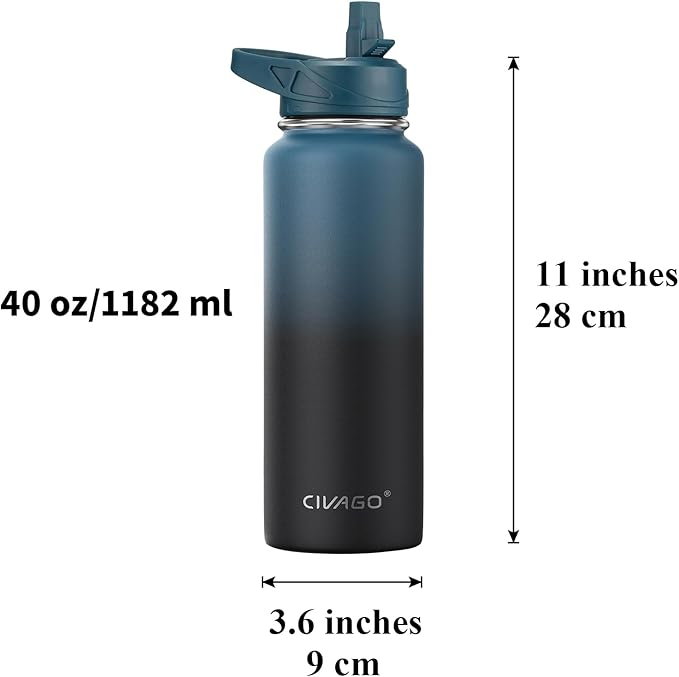 CIVAGO 40 oz Insulated Water Bottle With Straw, Stainless Steel Sports Water Flask Cup with 3 Lids (Straw, Portable Spout and Handle Lid), Double Walled Travel Thermal Canteen Mug, Dreamy Black Gray