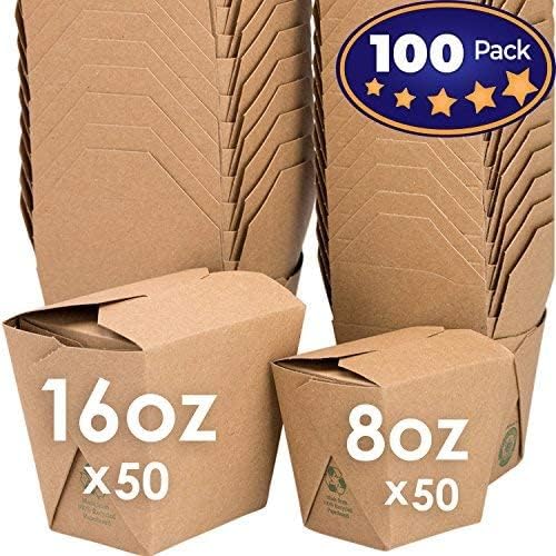 Recyclable 8oz 16oz Brown Chinese Takeout Boxes 100pk. 50 Each 16 and 8 Ounce Leakproof, Greaseproof To Go Containers For Restaurants and Food Service. Best Value Bulk Pack Microwaveable Meal Pails