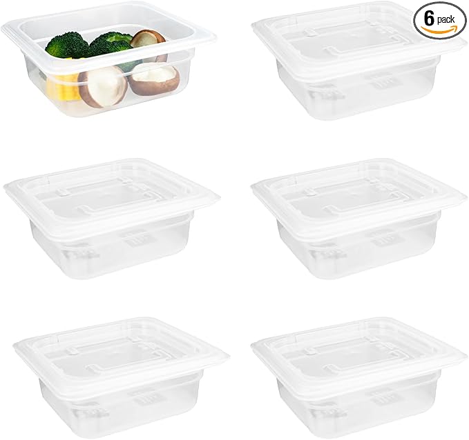 6-Pack Food Pan with Lids, 1/6 Size Food Storage Containers for homes, schools, restaurants, hotels Meal Prep, -40℉-160℉, Stackable, Freezer-Safe (1/6 size 2.5 inch deep, 1.1L/1.1QT)