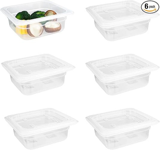 6-Pack Food Pan with Lids, 1/6 Size Food Storage Containers for homes, schools, restaurants, hotels Meal Prep, -40℉-160℉, Stackable, Freezer-Safe (1/6 size 2.5 inch deep, 1.1L/1.1QT)