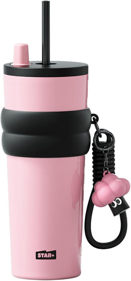 24 oz Stainless Steel Tumbler with Lid and Straw, Insulated Water Bottle Leak Proof for Hot and Cold, Portable Travel Coffee Mug, Reusable Coffee Cup for Women, Pink