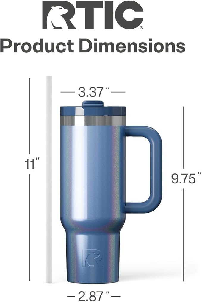 RTIC 30 oz Road Trip Tumbler Double-Walled Ceramic Lined InsulatedStainless Steel Portable Travel Coffee Mug Cup with Lid, Handle and Straw, Pond Glitter