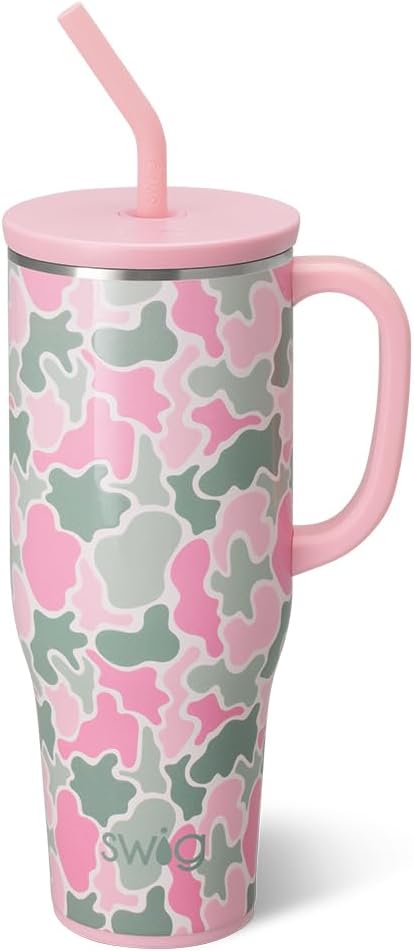 Swig Life 40oz Mega Mug, 40oz Tumbler with Handle and Straw, Extra Large Insulated Tumblers, Cup Holder Friendly Travel Mug (Blushing Camo)