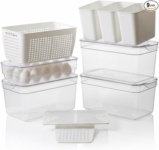 Clear Stackable Storage Containers with Lids BPA-Free Organizer Bins for Refrigerator Pantry Fridge Drawer with Colander and Dividers for Kitchen Food Preservation and Home Organization BPA Free
