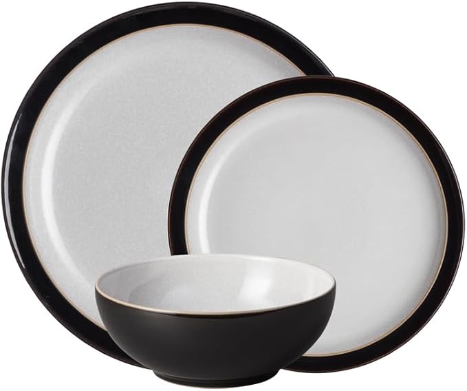 Denby - Elements Black 3 Piece Set For 1 - Contemporary One Person Ceramic Tableware - Dishwasher & Microwave Safe, Scratch Resistant Stoneware - Includes 1 x Large Plate, Side Plate & Cereal Bowl