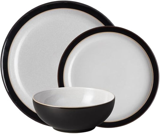 Denby - Elements Black 3 Piece Set For 1 - Contemporary One Person Ceramic Tableware - Dishwasher & Microwave Safe, Scratch Resistant Stoneware - Includes 1 x Large Plate, Side Plate & Cereal Bowl