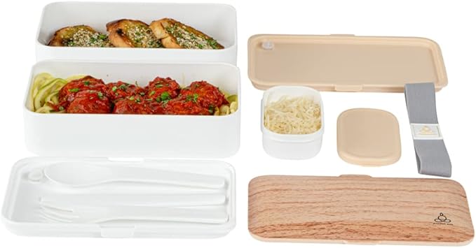 Restaurantware Bento Tek 40.5 Ounces Stackable Lunch Box 1 Reusable Adult Lunch Container - With Utensils Included Sauce Cup Wood Grain & White Plastic Layered Lunch Box Microwavable Dishwashable