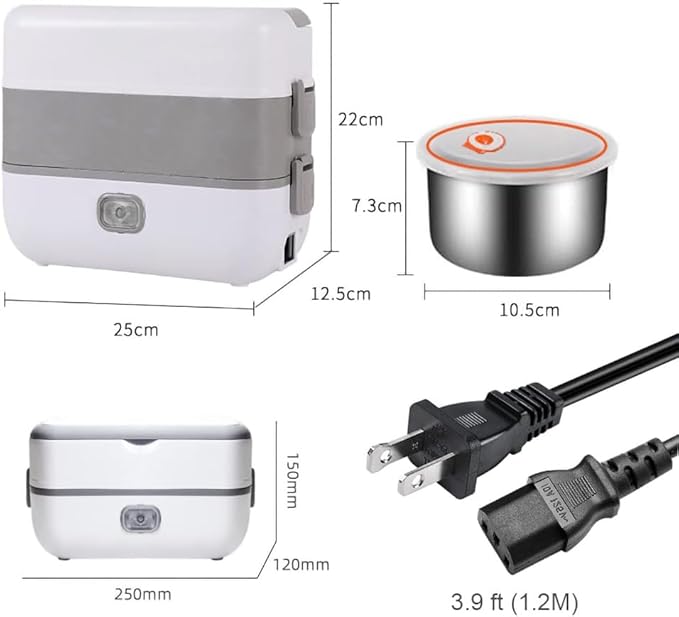 Portable Self Cooking Electric Lunch Box, Mini Rice Cooker, 2 Layers 4 Stainless Steel Steamer Food Insulation Lunch Box for Home Office Dormitory Travel Outdoor Kitchen Cook Raw Food, 2L/110V/200W