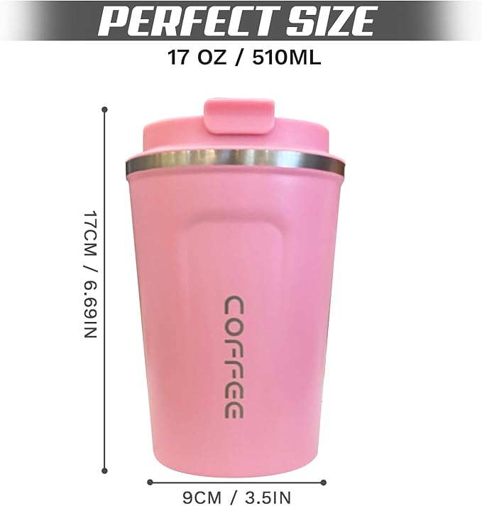 Travel coffee mugs leak-proof, reusable coffee cups with lids, stainless steel vacuum thermos coffee tumblers,thermal insulation cups for men and women hot & cold drinks(2nd-Pink, 17OZ)